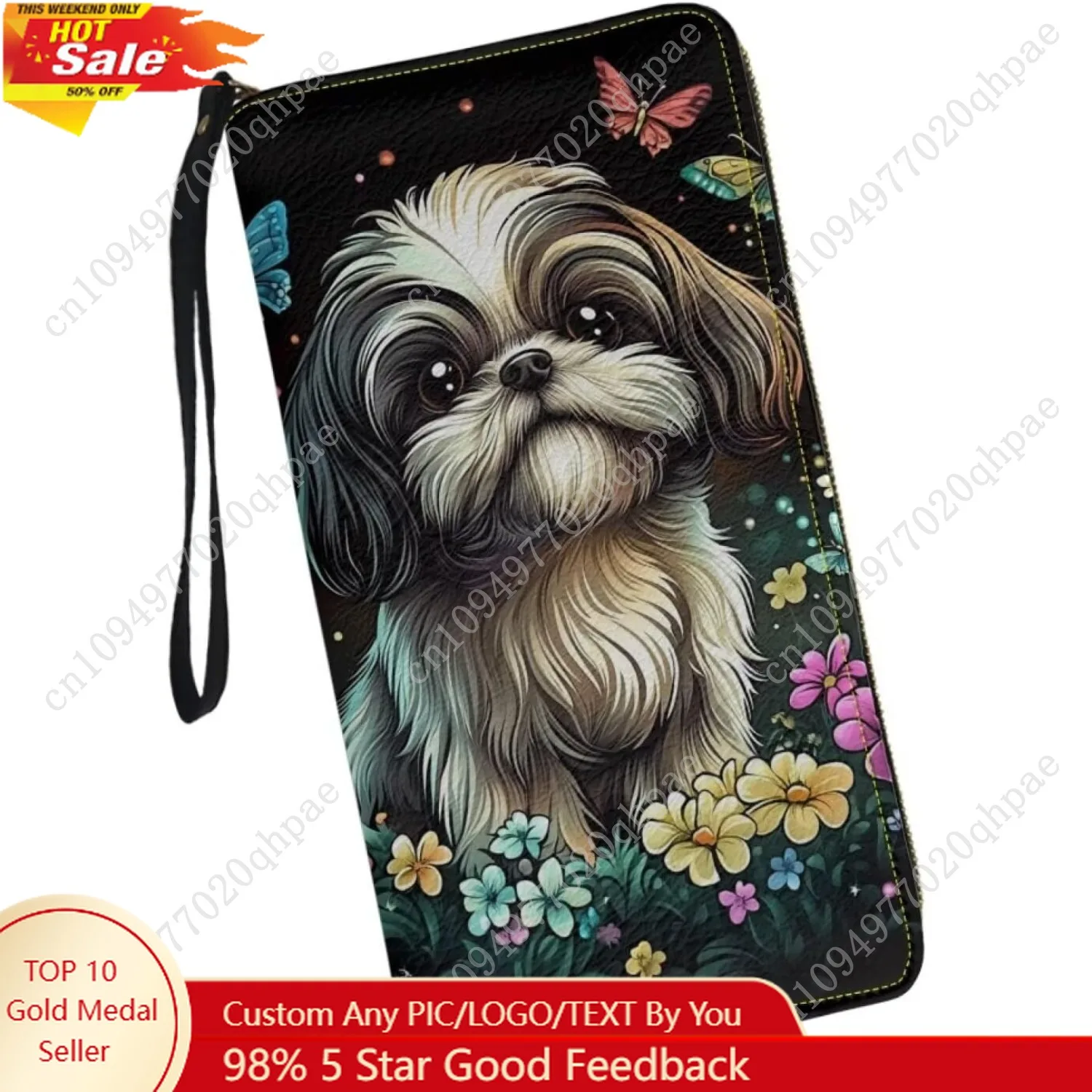 

Cute Shih Tzu Floral Wallets for Women PU Leather Card Holder Purse Zipper Long Clutch Organizer with Wristlet Strap