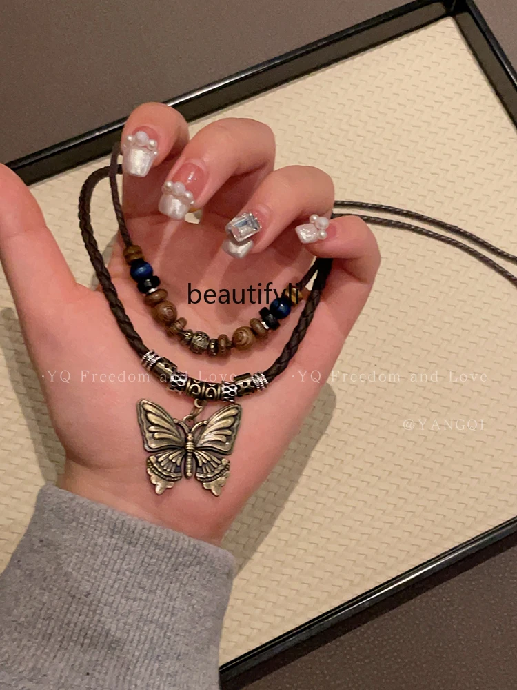 Ethnic Style Double-Layer Necklace Retro New Chinese Style Butterfly Pendant Clavicle Chain Bohemian Style Accessories