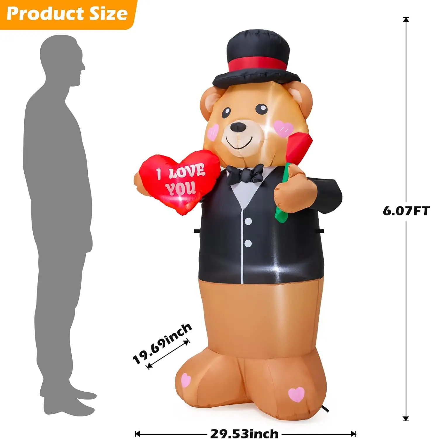 6FT Valentine's Day Inflatable Teddy Bear with Heart Flower Lighted Blow up Yard Outdoor Garden Romantic Wedding Decorations