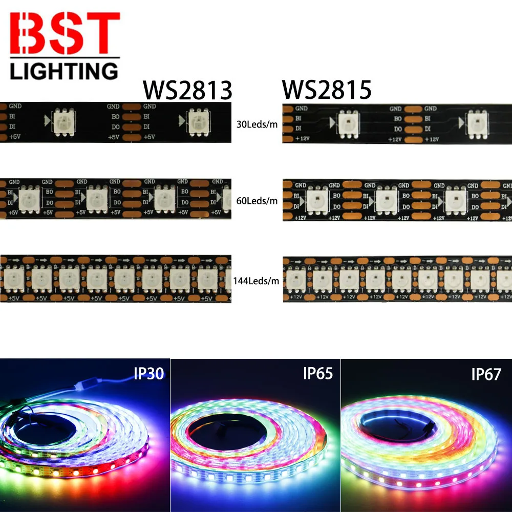 12V WS2815 5V WS2813 Similiar WS2812B 5050 RGB Individually Addressable Led Strip 30/60/144Pixels Dual Signal Smart LED Lights