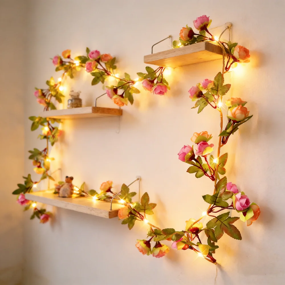 LED Artificial Green Leaf Fairy String Ligts Battery Operated Flower Garland Lamp for Wedding Party Home Garden Christmas Decor