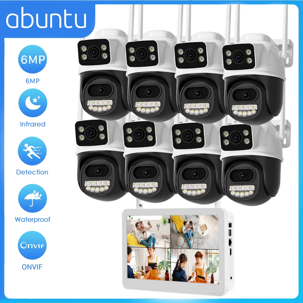 6MP CCTV Camera Security System Kit Outdoor Dual Screens 8CH Wifi NVR Recorder Set  Auto Track Video Surveillance System ICSEE