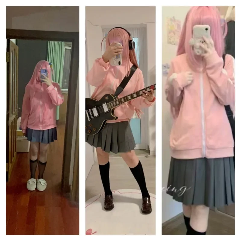 Anime Bocchi the Rock Gotou Hitori Cosplay Costume Yamada Ryou Pink Coat Skirt Jk Uniform Halloween Outfits