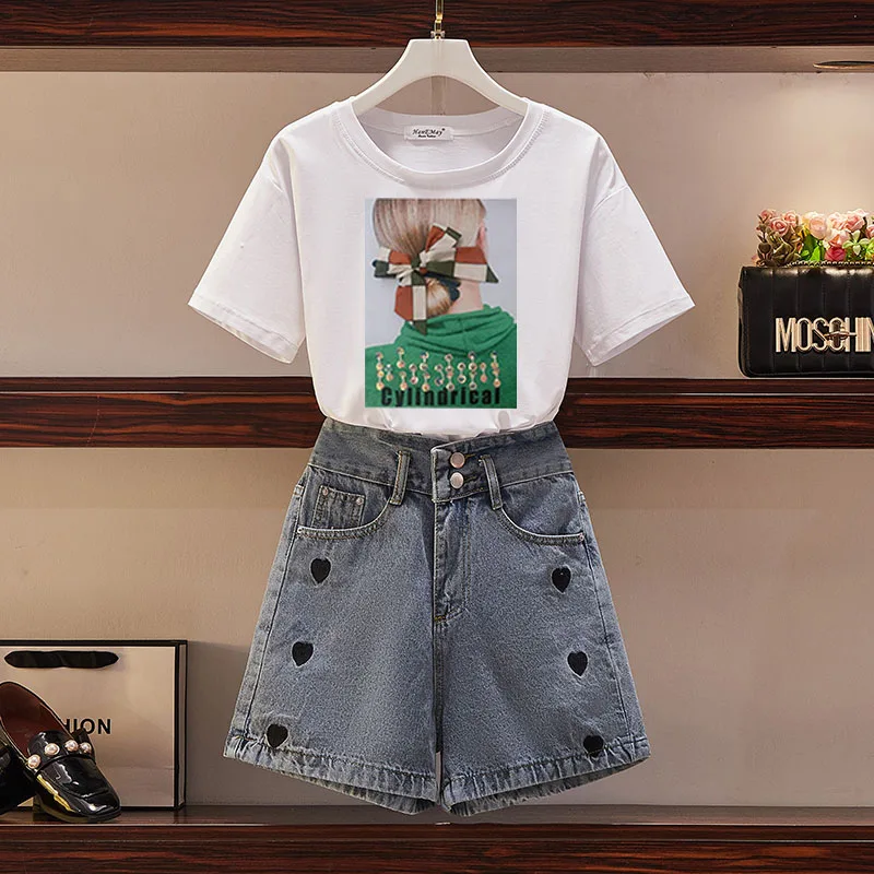 

Retro Embroidered Denim Shorts Set Women's Fashion 2023 Summer New Style Chic Korean T-Shirt And Shorts Two-Piece Suit