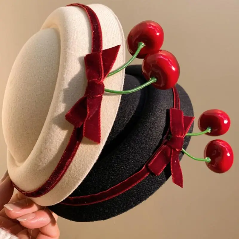 1pcs Cute Bow Tie Cherry Beanie Hat Velvet Beret Hat Hair Clip French Style Headwear Women Hairpin Party Hair Accessories