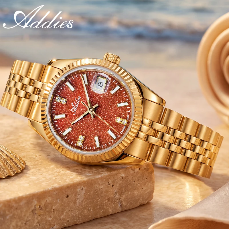 ADDIES Business Watch for Women Super Luminous 50M Waterproof Female Watches Stainless Steel Goldstone Dial Quartz Wristwatch