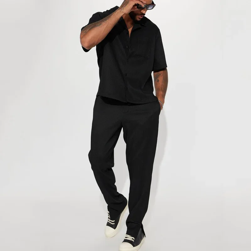 Fashion New Men's Solid 2 Piece Sets Casual Streetwear Loose Short Sleeve Lapel Shirt and Pants Outfits Spring Summer Tracksuits