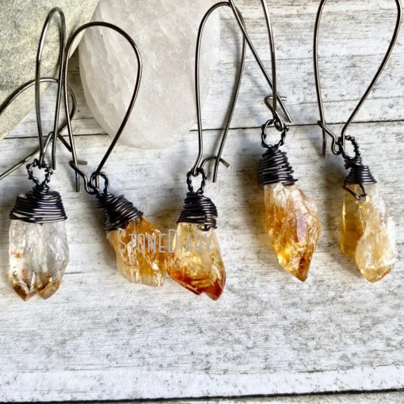 

ER42110 Raw Citrine Dangle Earrings Yellow Crystal Earrings Gunblack Gunmetal Plated Citrine Crystal Free Form Earrings