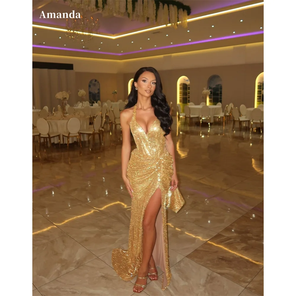 

Amanda Customized Shiny Sequins Sheath Sleeveless Prom Dress Halter Neck V-Nevk vestidos de noche Sexy Side Split Formal Evening