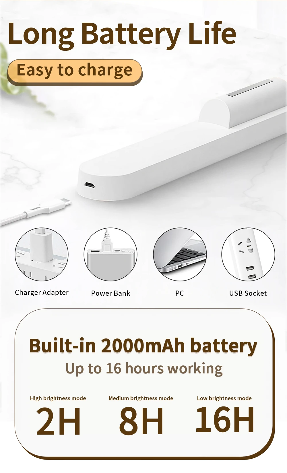 LED Desk Lamp Hanging Magnetic Stepless Dimming LED Night Light USB Rechargeable Bedroom Light Cabinet Closet Reading Night Lamp