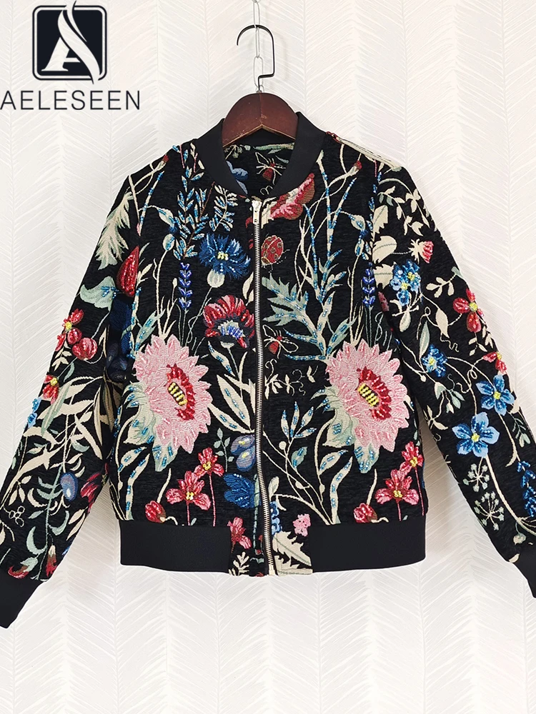 

AELESEEN Sicilian Autumn Winter Vintage Coat Women Colorful Flower Print High Quality Beading Jacquard Embroidery Jacket