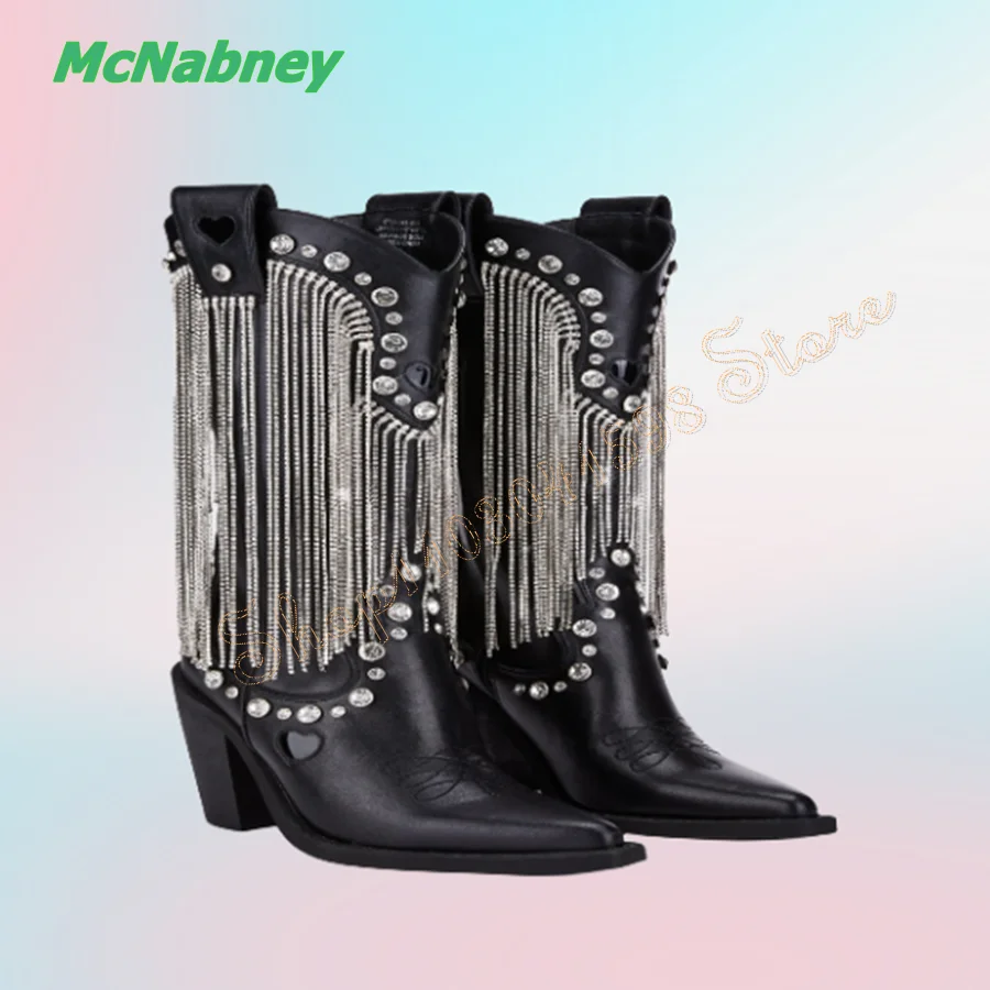 BlingBling Crystal Fringed Mid Calf Boots,Pointed Toe Leather High Heel Boots Thick Heel Women Boots2024 New Zapatos Para Mujere