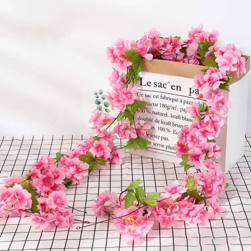 Artificial Cherry Blossom Rose Vine for Wedding Home Decoration 2.3M Silk Flower Garland Decor DIY Fake Flowers Vine