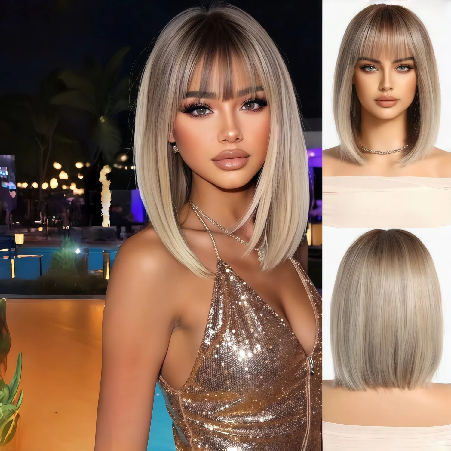 A Breathable and Comfortable 14-Inch Shoulder-Length Layered Synthetic Wig with Bangs, Featuring a Gradient Bob Cut image 3