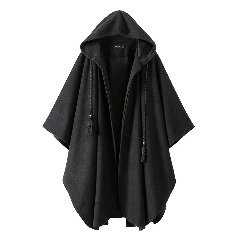 Vintage Gothic Black Hooded Cape Poncho Women Loose Cloak Ponchos Coat Cardigan Trench Open Fringe Hooded Wraps Capas Autumn