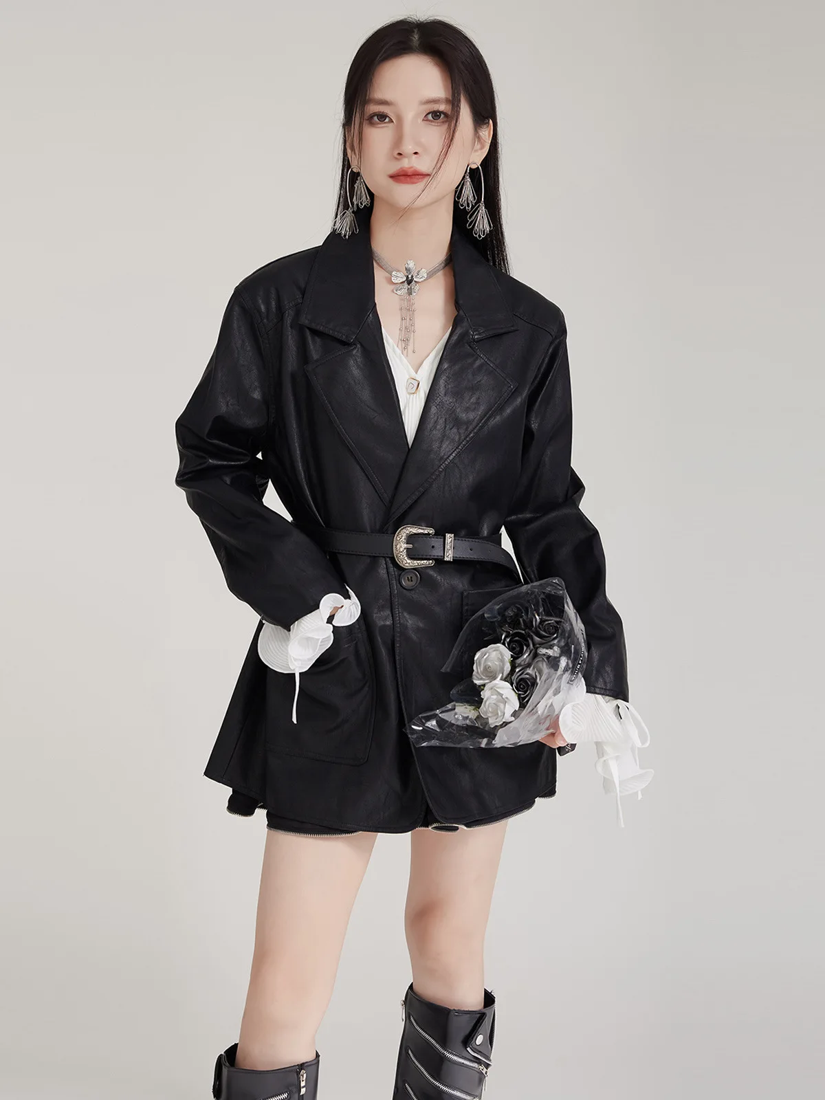 Jaqueta Feminina Nova Coleção Primavera 2026: Casaco Solto de Couro PU Estilo Retrô Americano Casual