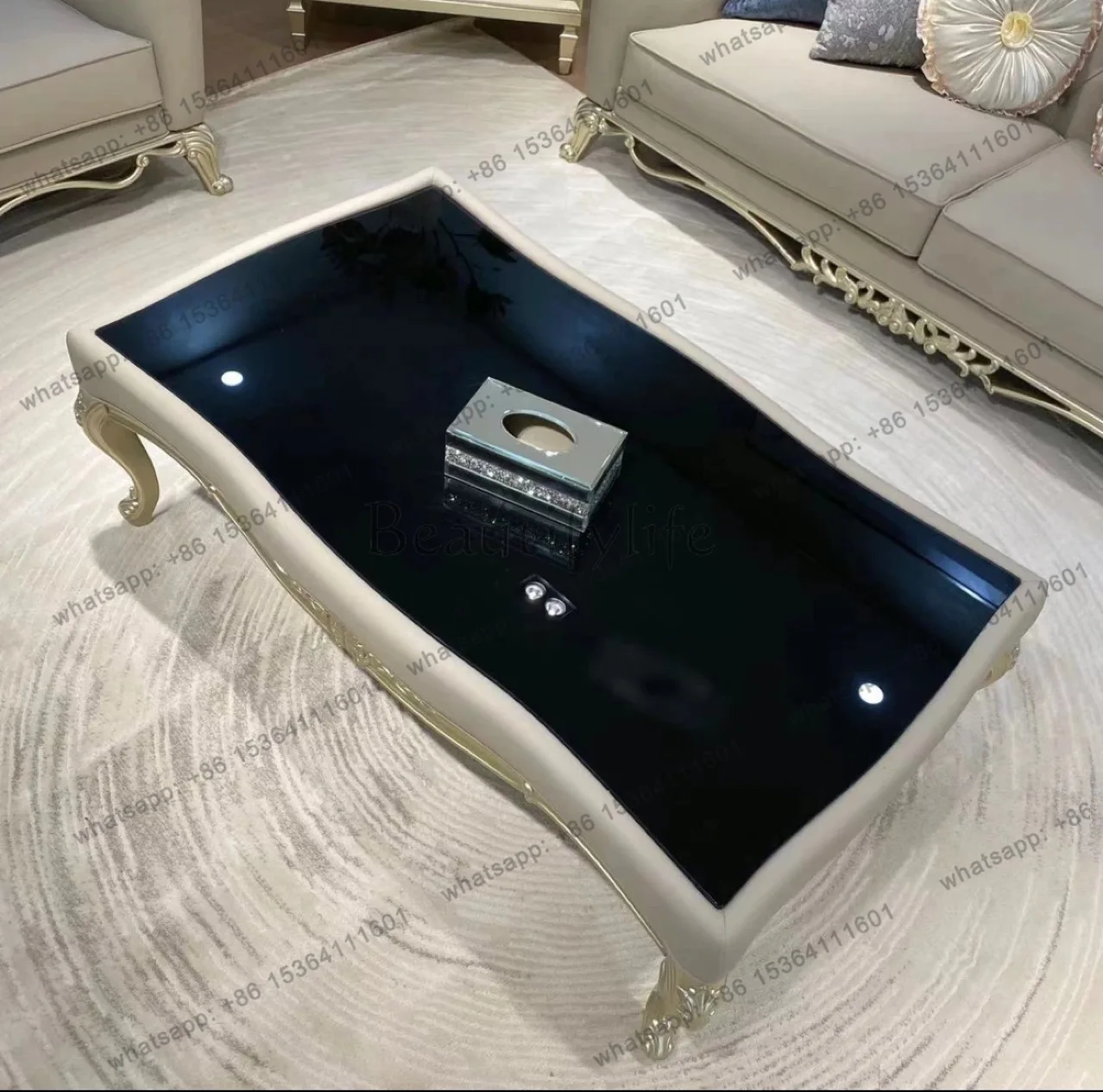 Light American style light luxury solid wood long coffee table living room European carved square coffee table