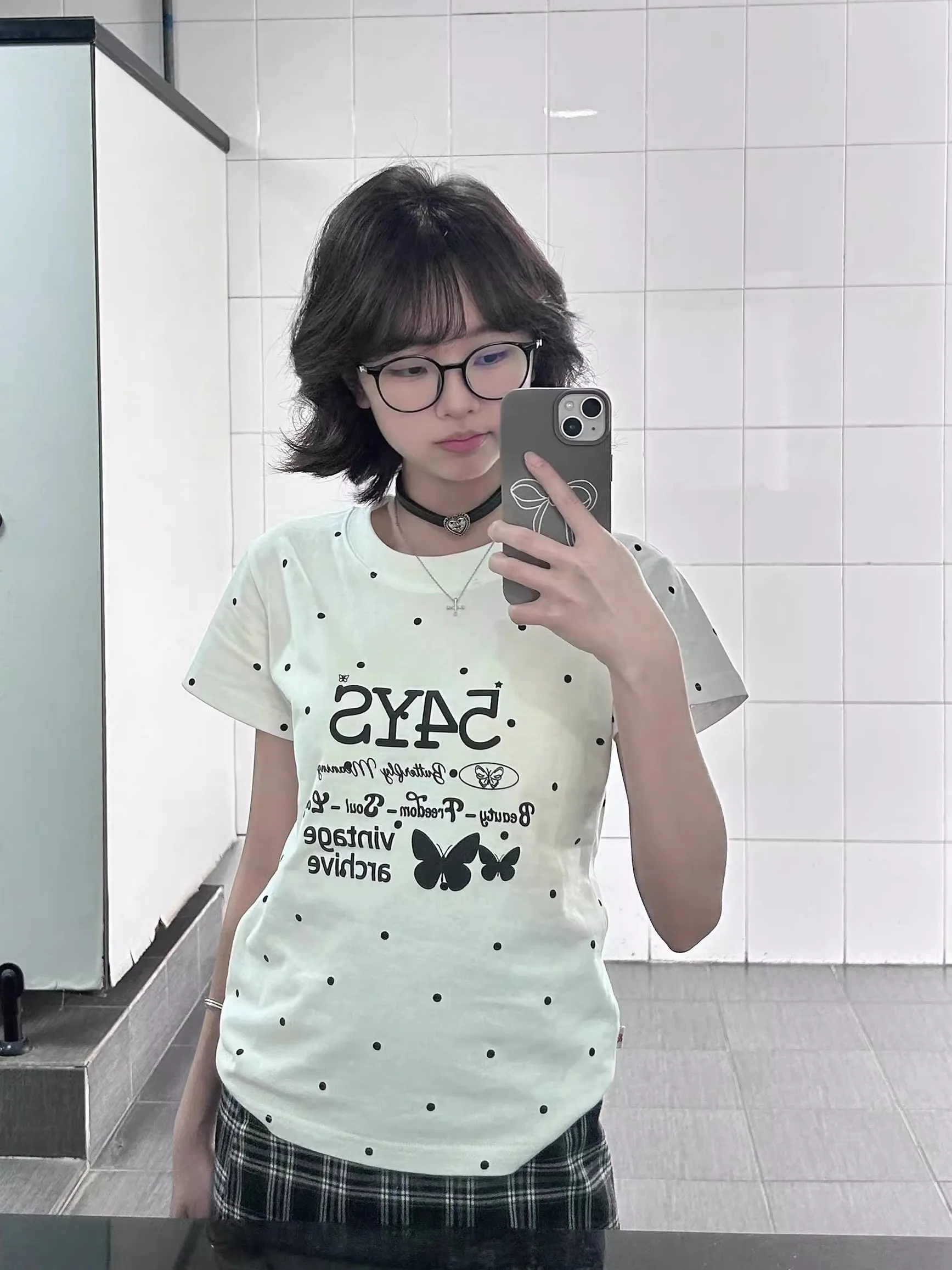 Slim Fit Pure Cotton ort Sve T-irt Women's Casual Sle round Ne Print Top High Elastici Polka Dot  Design