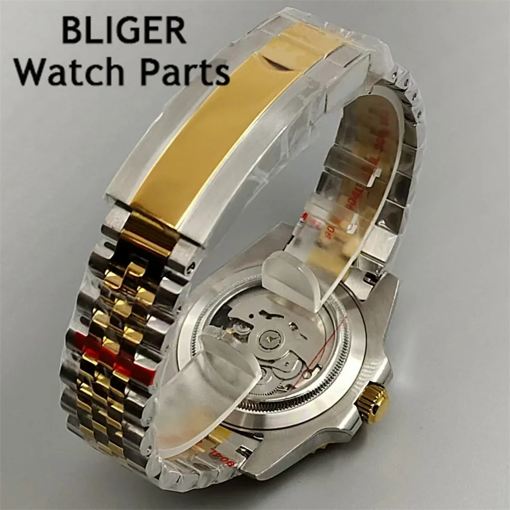 BLIGER NH34A 100M Waterproof 40mm Gold GMT Function NH34 GMT Automatic Men Watch Steel Bracelet Sapphire Glass Green Luminous