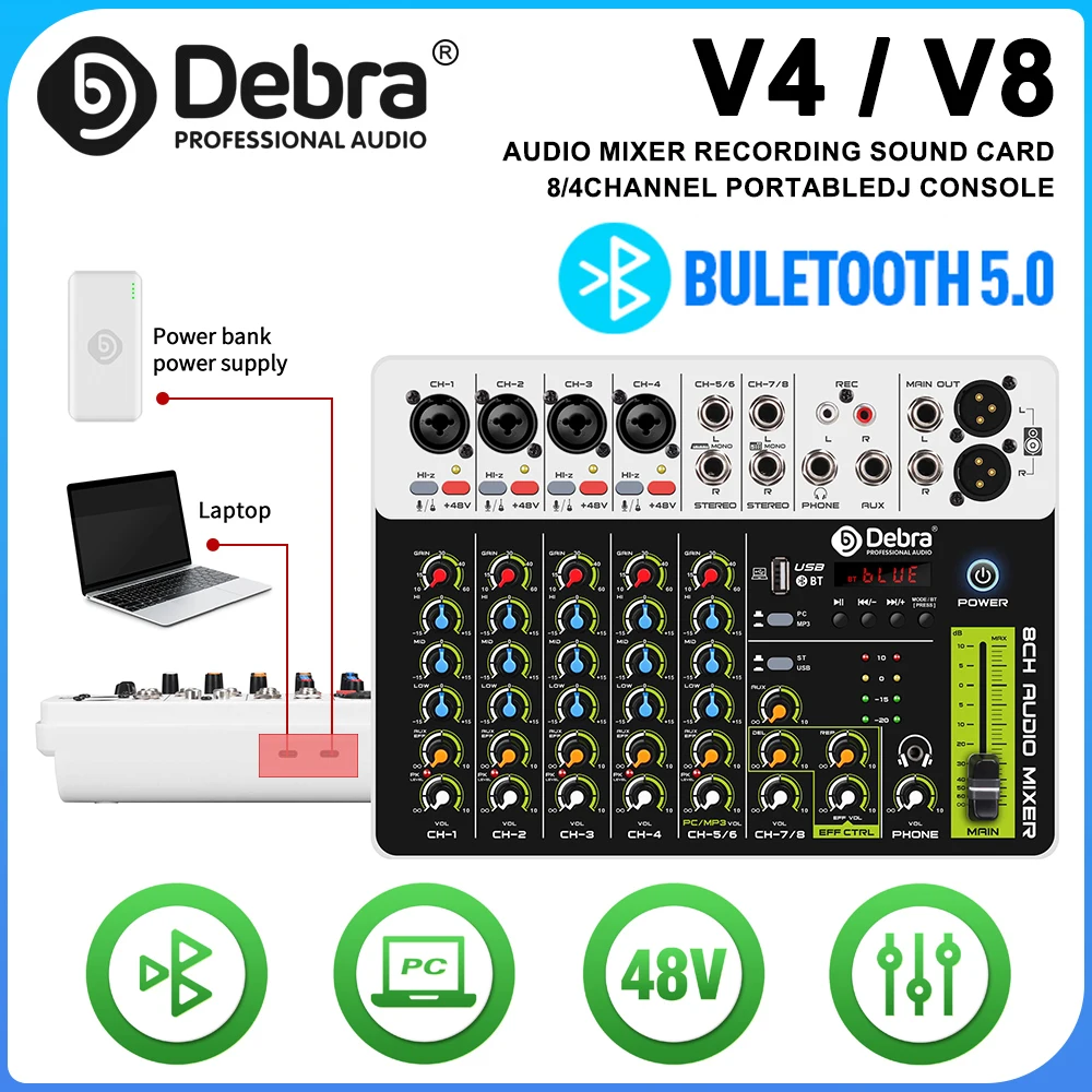 Debra V8 audio mixer, supports Bluetooth 5.0, phantom power, delayed playback effects, for computer recording, stage performance