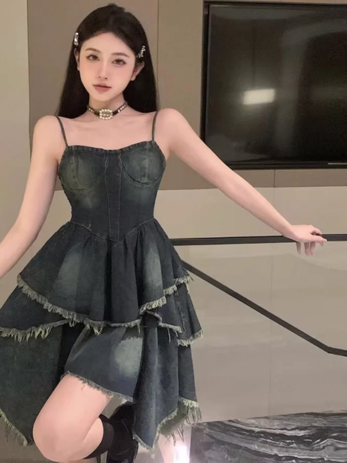 High Waist A-Line Short Denim Dress Women's Tummy Control Skirt Korean Style Commute Spring Summer High Sensation Dress