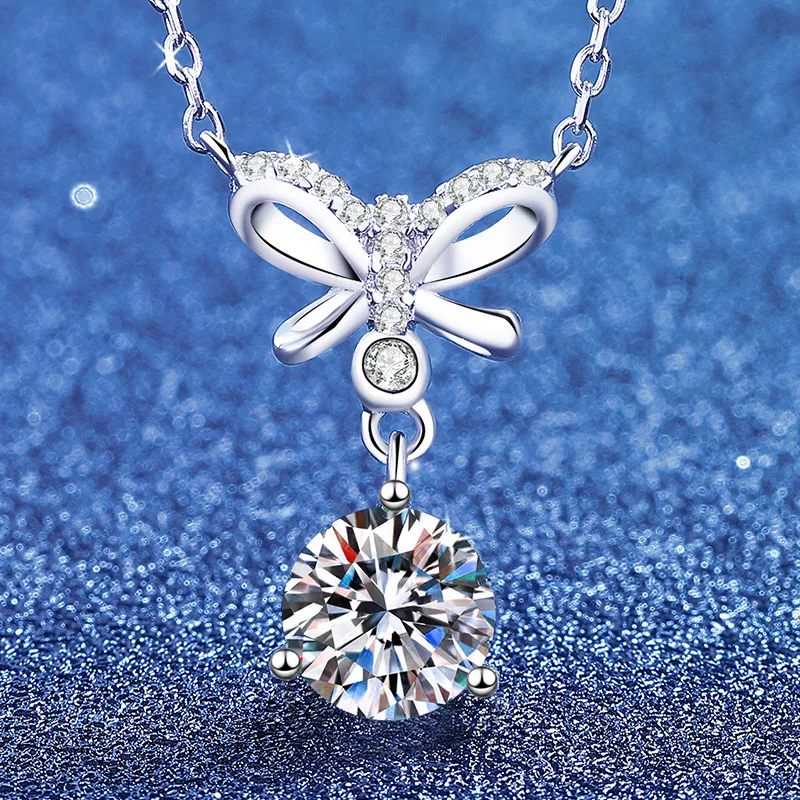 Bow Light Luxury Tassel Necklace 1ct Women Moissanite PT950 Platinum Lively Tassel, Comfortable & Skin-friendly