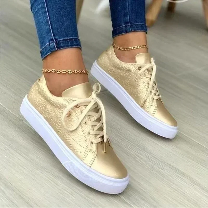 2024 New Fashion Round Toe Gold Women Vulcanized Running Shoe Solid Color Low-heeled Flat Casual Shoe Lace Up Female Sneakers