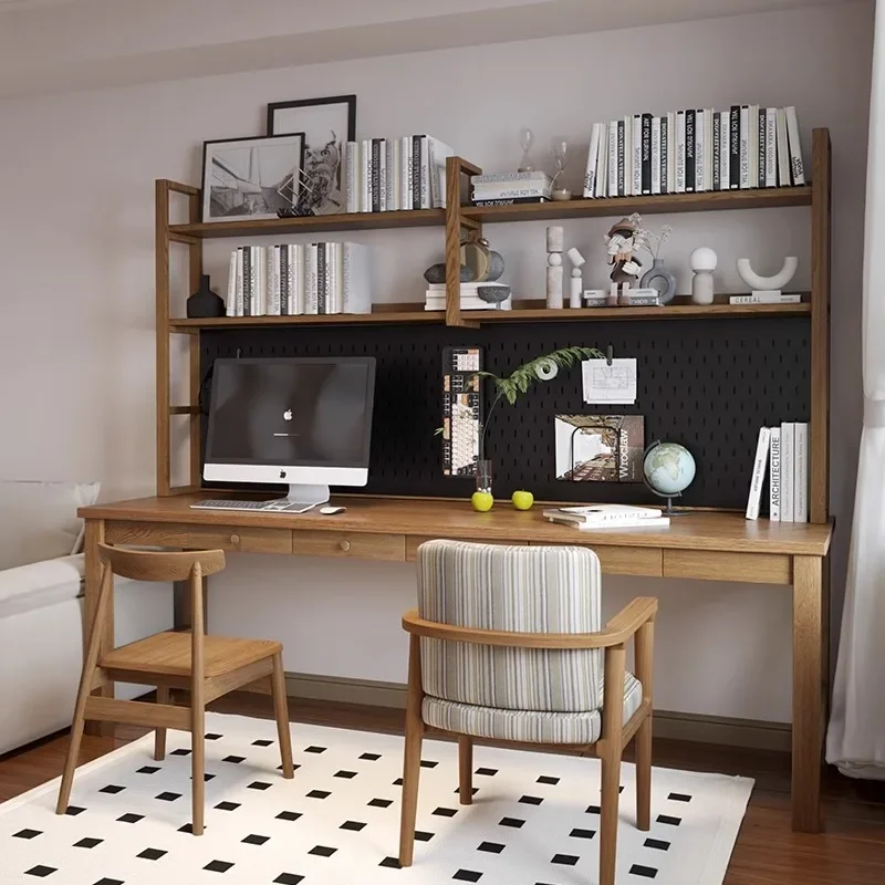 Household solid wood wrought iron double desk bookshelf integrated study long table workbench computer desk with drawer