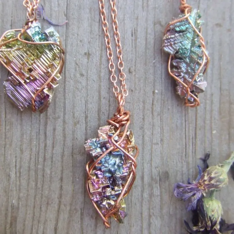 

10pcs Small Wire Wrapped Rainbow Pure Bismuth Crystal Pendant Necklace Rose Gold Color Chain Jewelry for Women Grunge Aesthetic