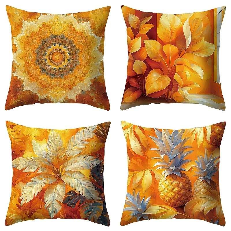 Juego  4 fundas  estilo bohemio con flores Manthara, piñas y follaje tropical, disponibles en tamaños  40.64X40.64 cm, 45.