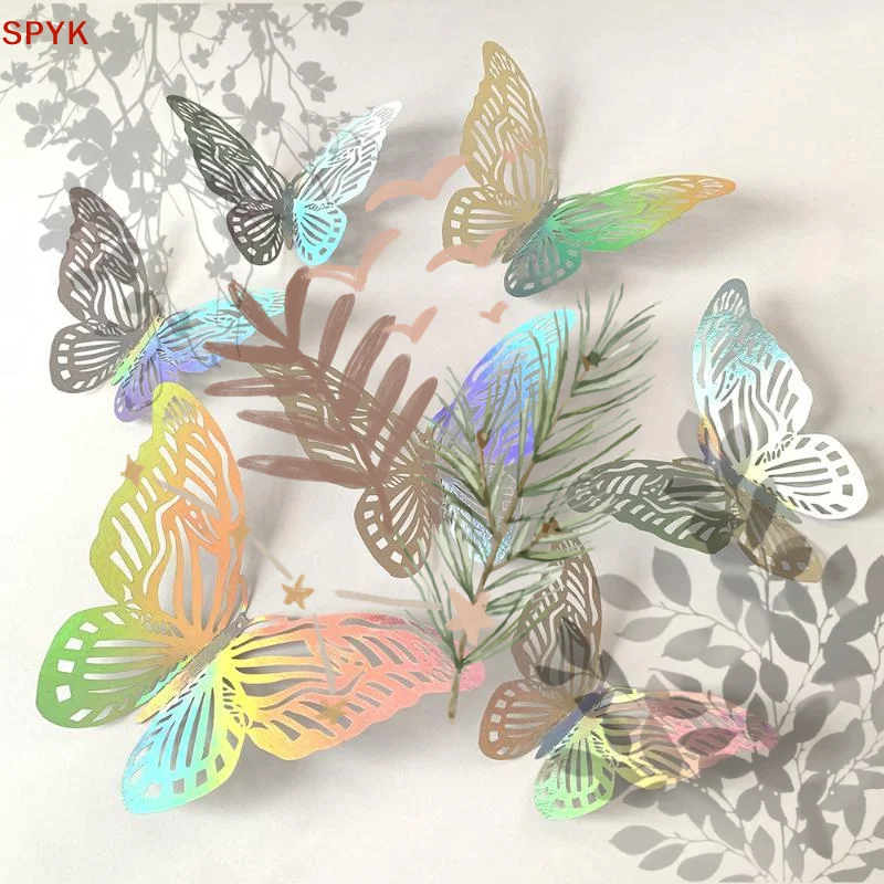 12 PCS Holographic 3D Butterfly: Wall Decals Hollow Carved Iridescent Shine Kids Room Wedding
