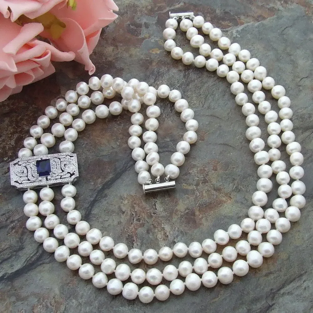 Zircon connector 8-9mm white freshwater pearl Necklace 17-19