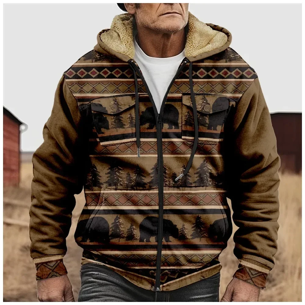 Men Winter Jackets Coats Geometric Retro Aztecs Cardigans Printed Art Graphics Plush Thick Hunting Streetwear Casual Clothing