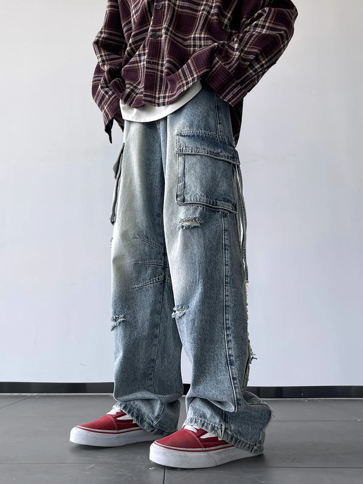 

Американские ретро-джинсы с дырками, мужские, весенне-осенние, свободные, прямого кроя, в стиле High Street, модные, в стиле хип-хоп