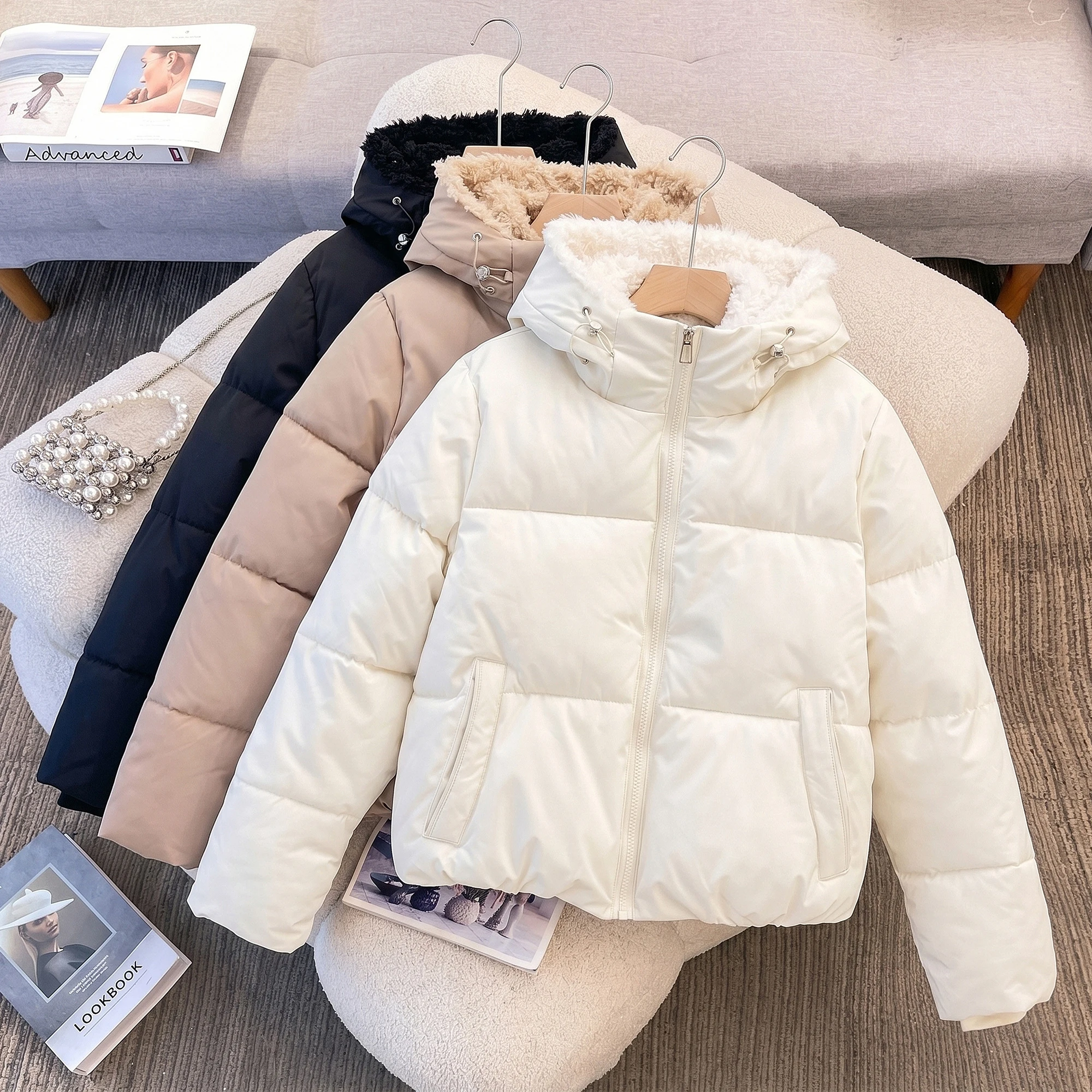 2026 New Women's Cropped Hooded Padded Jacket Faux Teddy Lined Warm Winter Parka Coat with Side Pockets Zipper Closure Outerwear