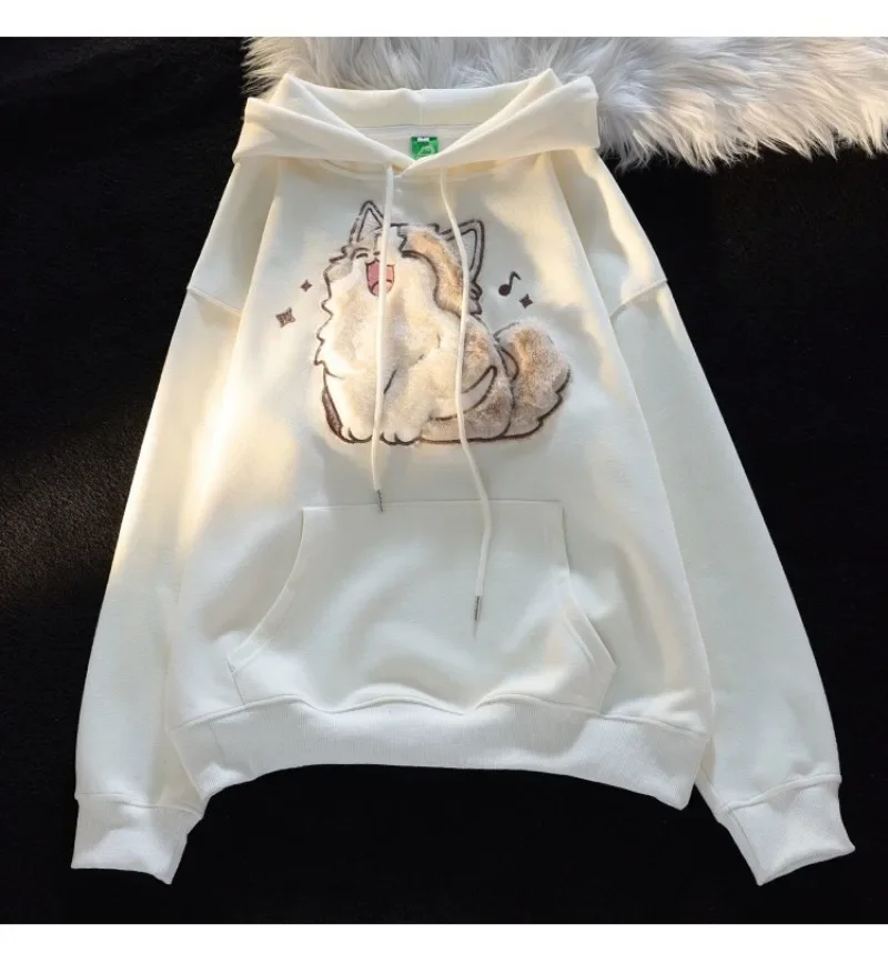 Y2k Cute Kitten Plush Embroidered Hooded Sweatshirt for Men and Women in Autumn and Winter Loose Sweet Versatile College 후드티