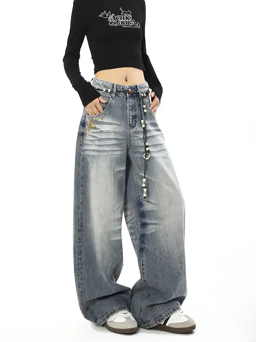 Damen Baggy Wide Fit Jeans Herren Denim Hose Stickerei American Retro High Street Y2K Japanisch Harajuku Wide Fit Cowboy Grunge