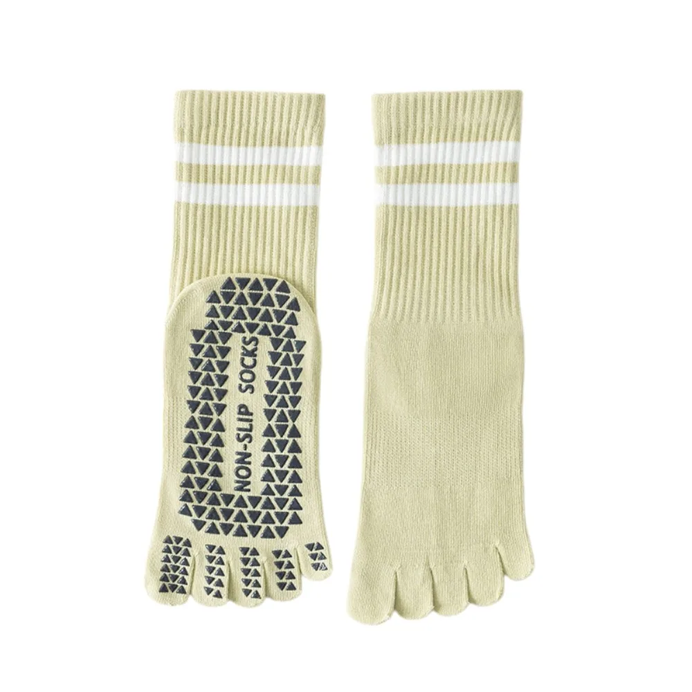 Comfortable Anti-slip Women's Non-slip Yoga Socks Long Mid-calf Silicone Five-toe Socks Breathable Stripe Floor Toe Socks Ladies