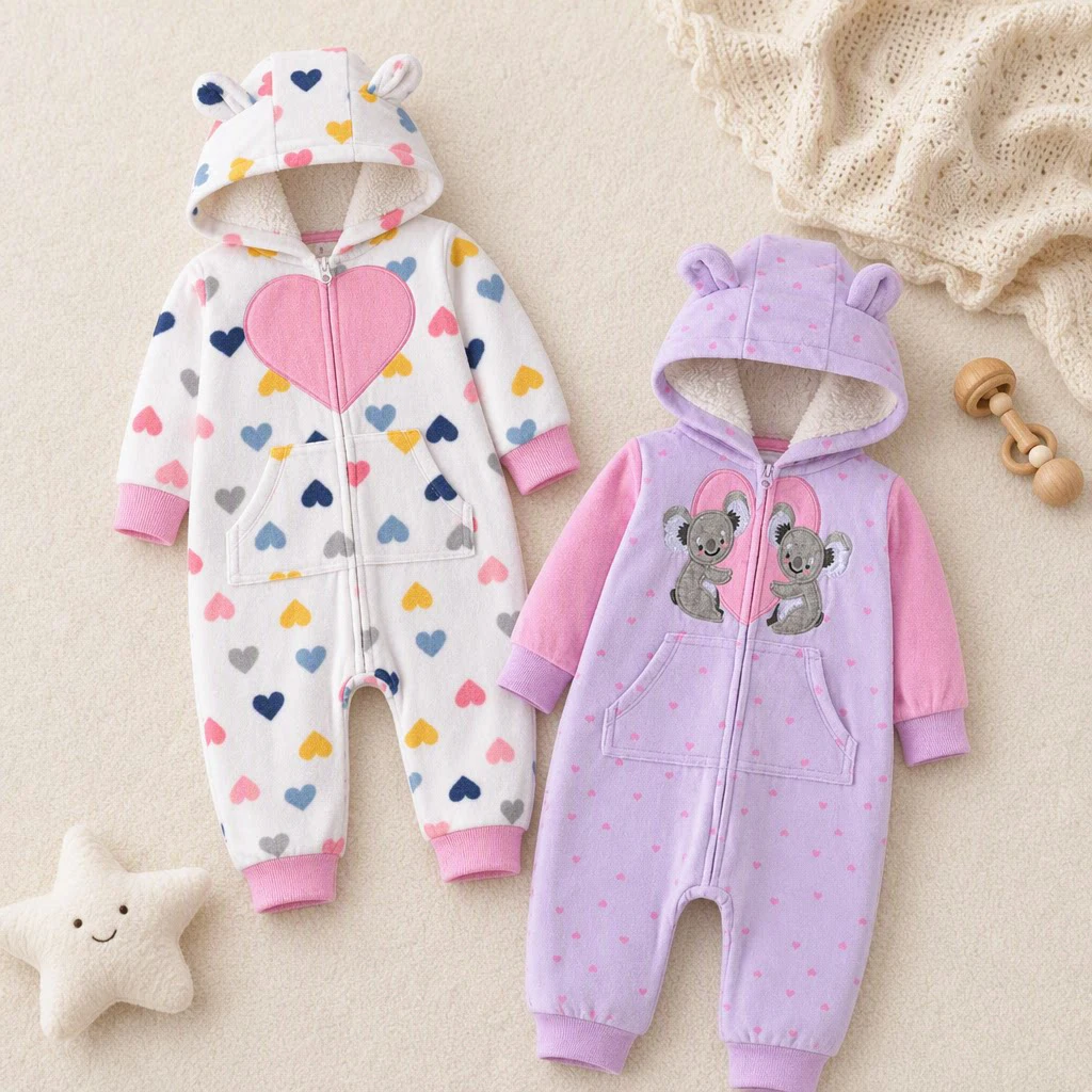 Infant Girls Hooded Contrast Sleeve Polar Fleece Heart Print Embroidery Koala Zipper Jumpsuit Warm Autumn Winter Baby Clothes