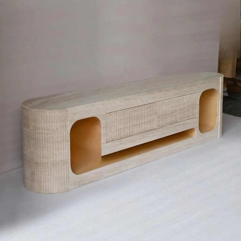 Modern living room furniture retractable beige limestone solid wood TV cabinet for bedroom