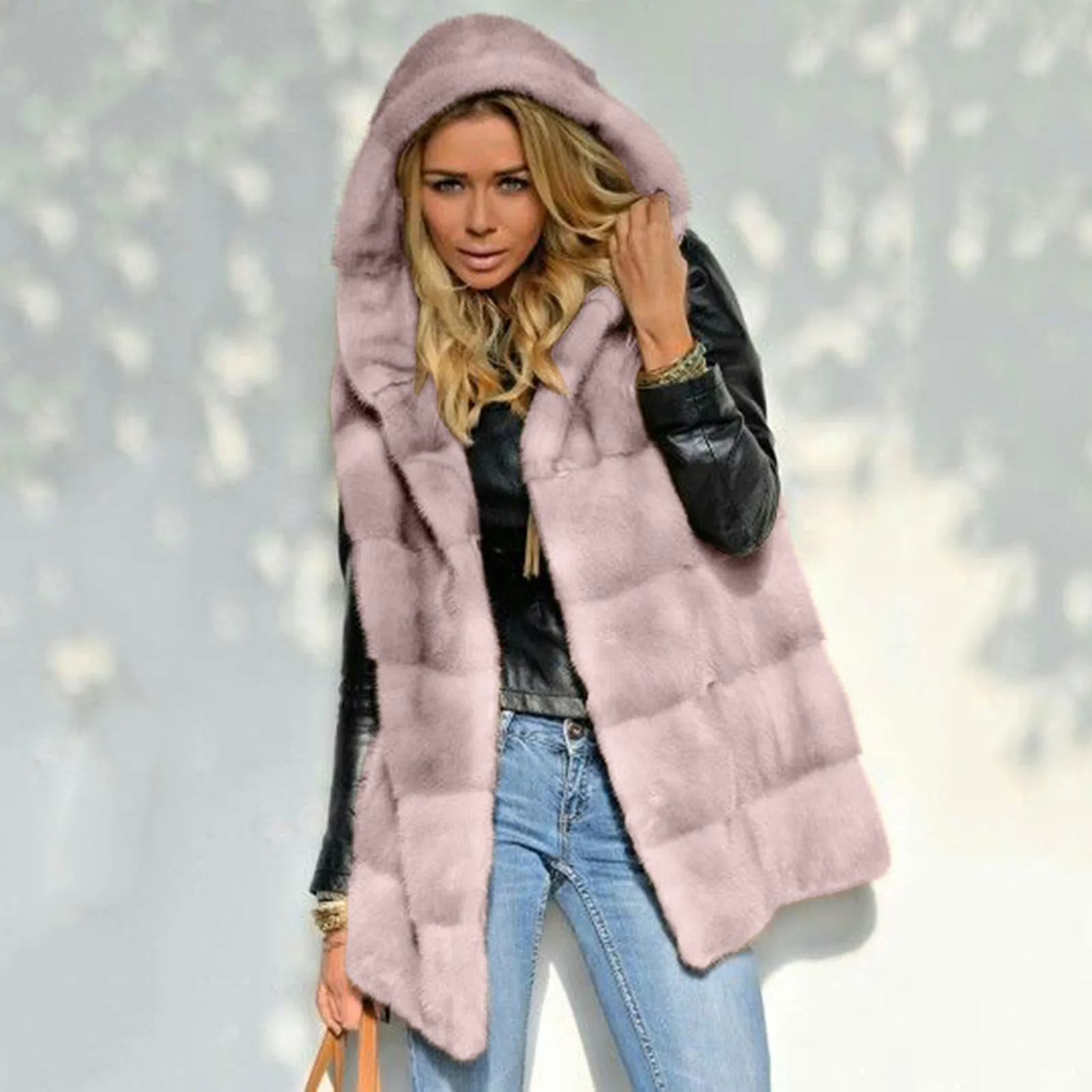 Women's Faux-' Sleeveless Short Hooded Vest Jacket Body Warmer Outwear Zip Up Outwear Coats Korean Style Chaqueta Mujer