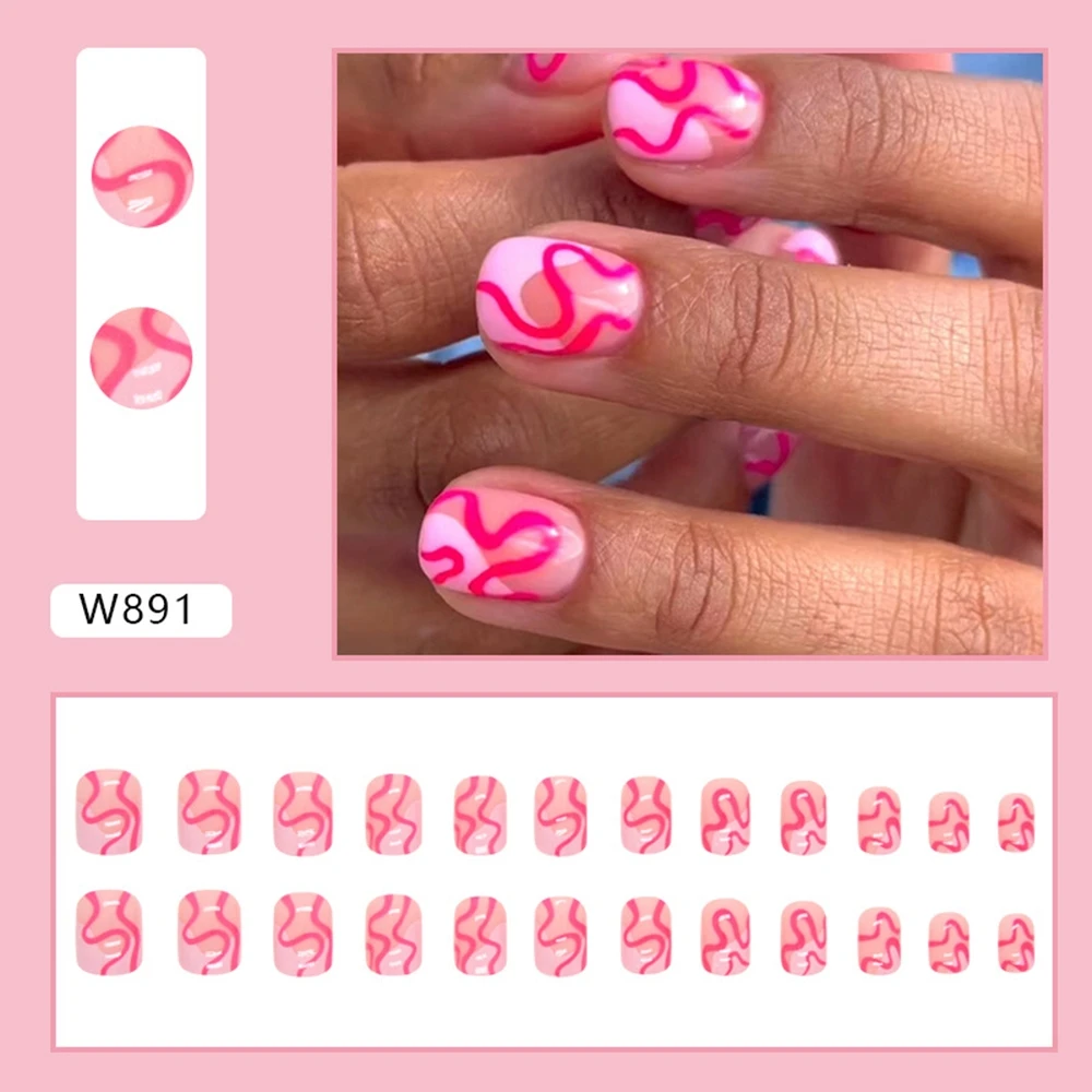 European Short Style Pink And White Curve Nail Enhancement With Irregular Ripples For Girls Barbie Pink Fake Nails For Women