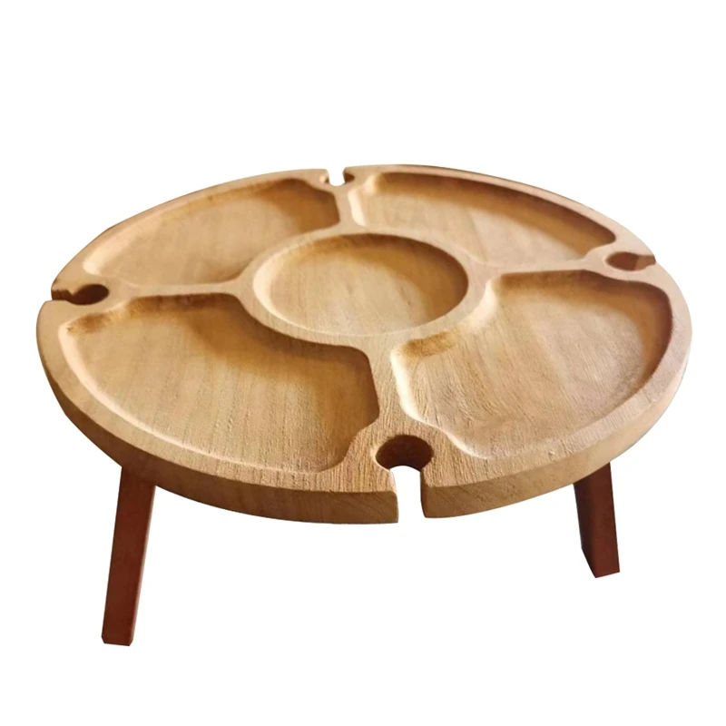

Wooden Folding Picnic Table With Wine Glass Holder - Portable Wine Glass Rack & Compartmental Dish For Outdoor Easy To Use