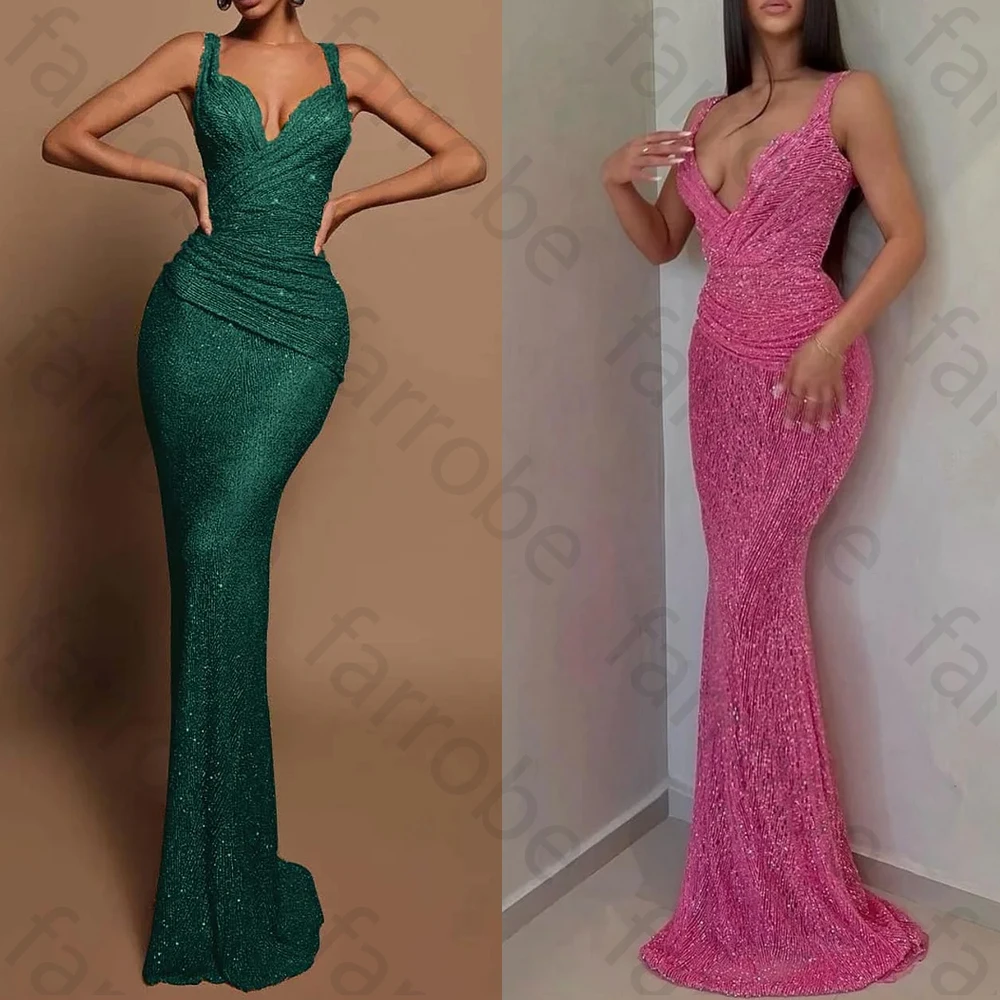 

Customized Sexy Long Sequins Prom Dresses V-Neck Mermaid Sleeveless Evening Long Dress Exquisite High Quality Party Gowns Women