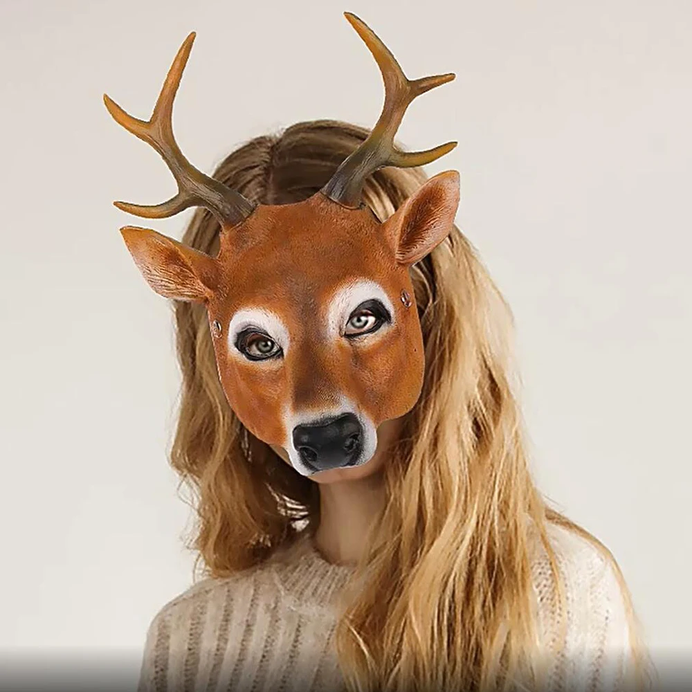Cosplay Lovely Animal Good Luck Elk Deer Head Horn Funny Halloween Mask Christmas Full Face Carnival Prom Party Costume Props