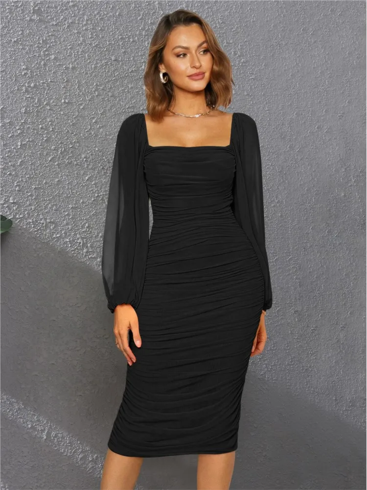 

Women's Clothing Dress Elegant Square Collar Lantern Long Sleeve Wrinkle Tight Dresses Temperament Fashion Vestidos Para Mujer