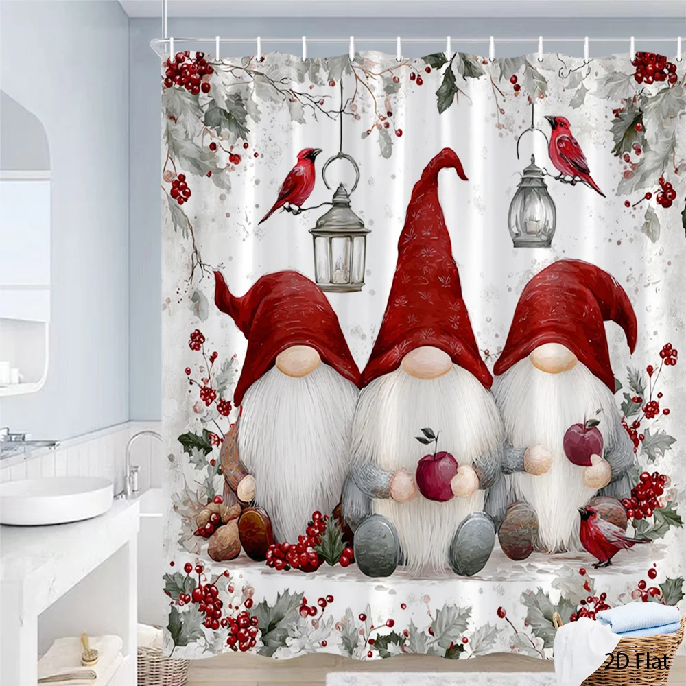 Christmas Gnome Shower Curtain Made of Polyester Fabric,  It Features Hanging Lanterns And Characters with Red Hats