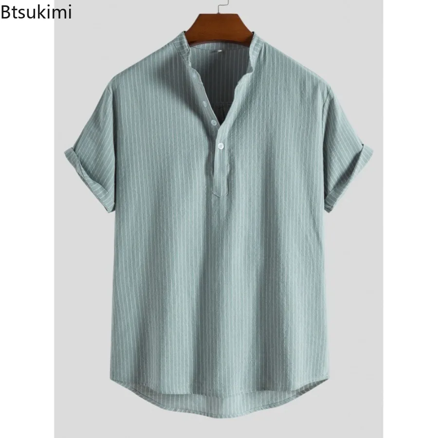 Verão novo masculino manga curta listrado solto camisas casuais moda meio botão-up pullovers simples e confortável camisas de algodão masculino