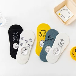 5 Pairs Korean Women Socks Happy Smile Face Cotton Cartoon Socks Slippers Casual Non Slip Silicone Short Invisible Socks Gift