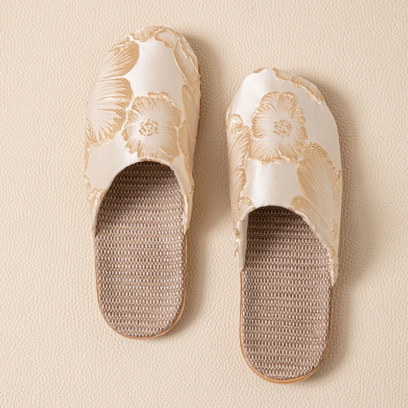 Silk Mule Slippers Women Home Elegant Floral Linen Summer Shoes Ladies Silent Indoor Slides Unisex Couple Lightweight Anti-Slip view 5